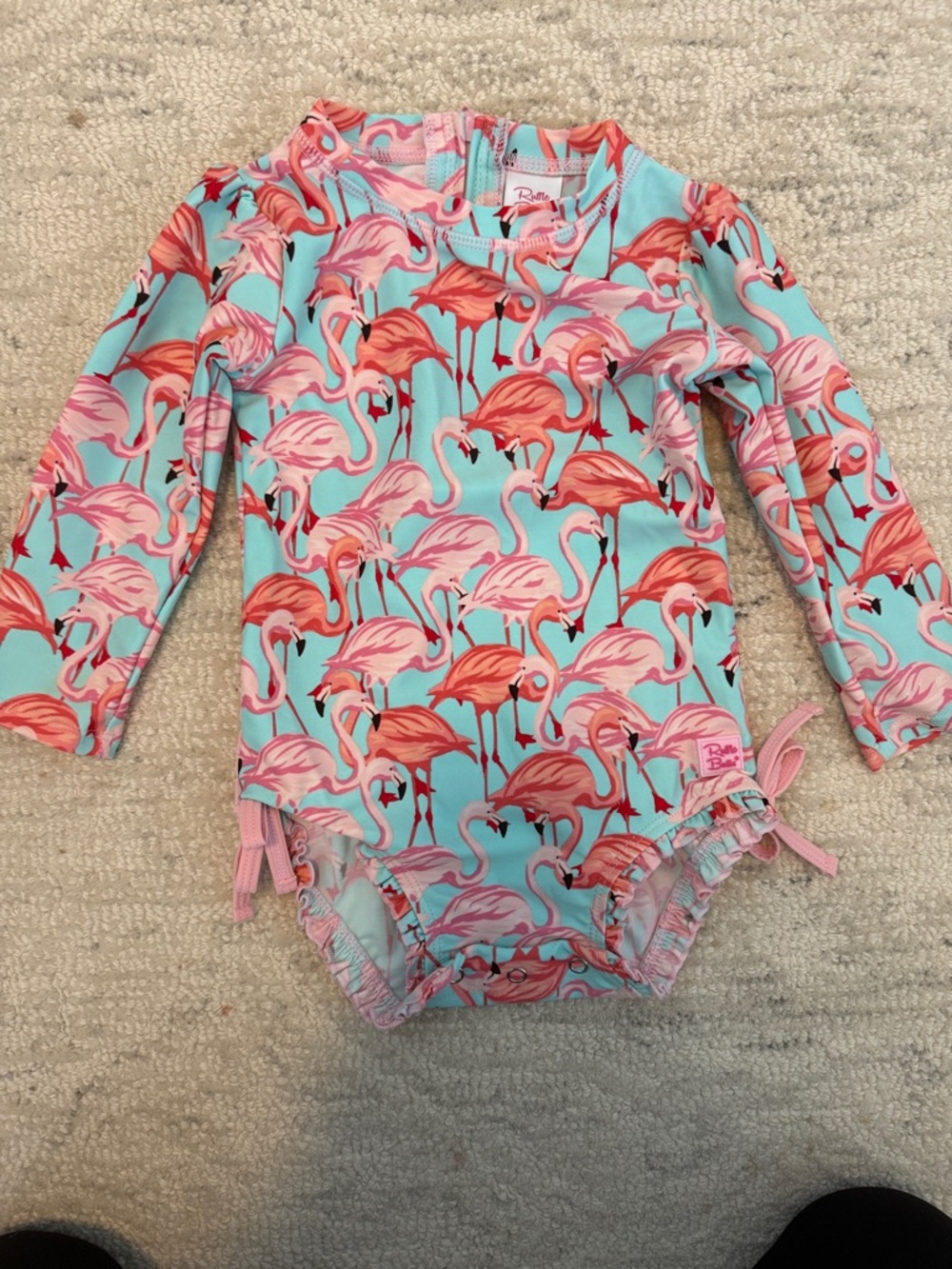 Ruffle Butts Aqua & Pink Flamingo Long Sleeve Swim Top